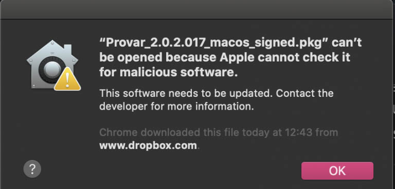 Installation error message in macOS Catalina
