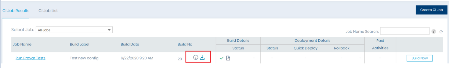 In order to download the complete test results, click on the Download icon on the CI Job Results page once the build completes.