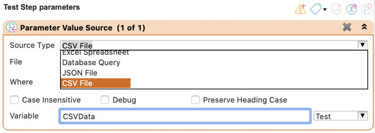 To read a CSV file, select CSV File from the Source Type dropdown in Parameter Value Source