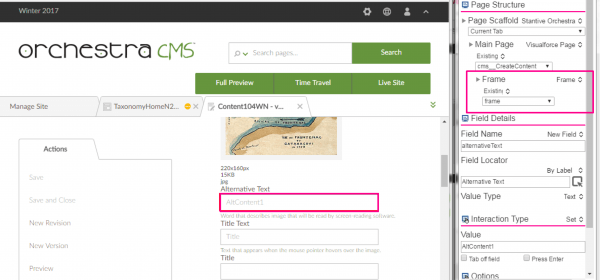 OrchestraCMS Frames is recognized in Provar test builder