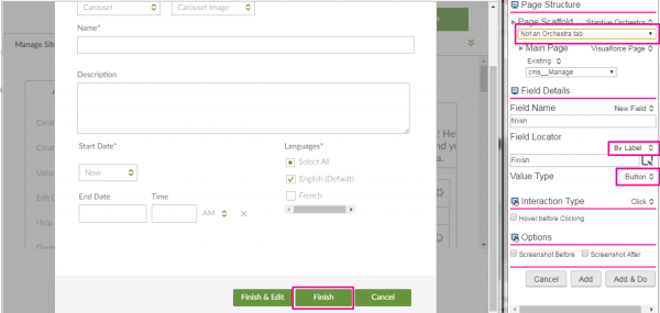 an example of a non-Orchestra tab where a Finish button is located By Label as a Button value type in OrchestraCMS API testing