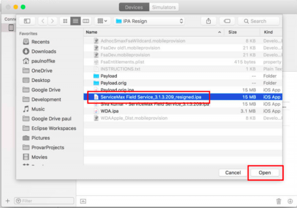 screenshot on selecting .ipa on the MacBook Devices and Simulators window