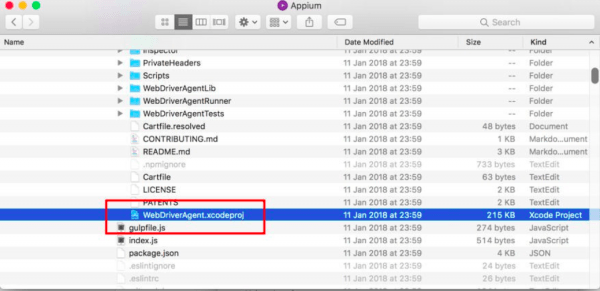 sample of WebDriverAgent.xcodeproj file in XCode