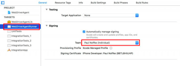 Choose the remaining entries under the TARGETS list (WebDriverAgentRunner, UnitTests, etc.) and choose the same account in the Team dropdown for each one: