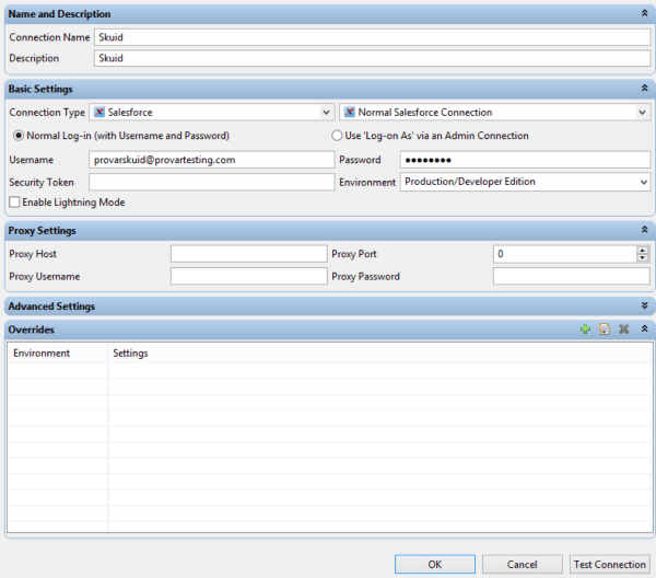 Image shows adding a Salesforce Connection in Provar to enable Skuid testing.