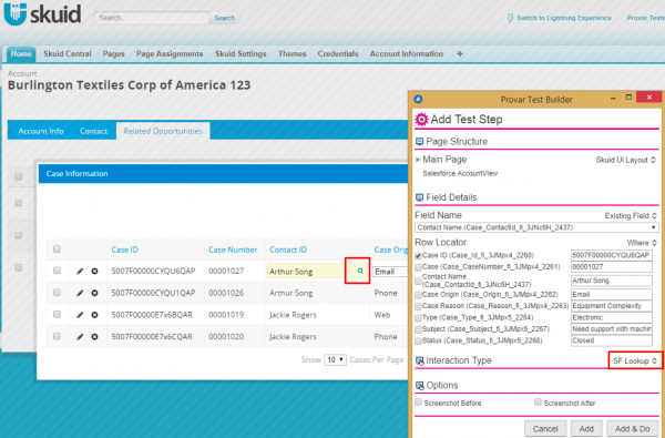 Image shows Provar mapping a lookup on a Skuid page.