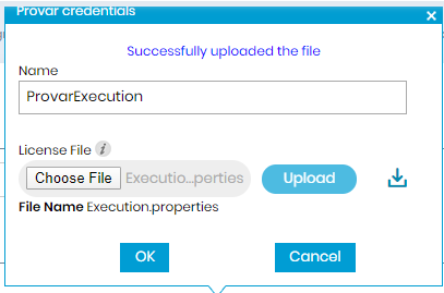 Provar credentials dialog box, specify the license file created