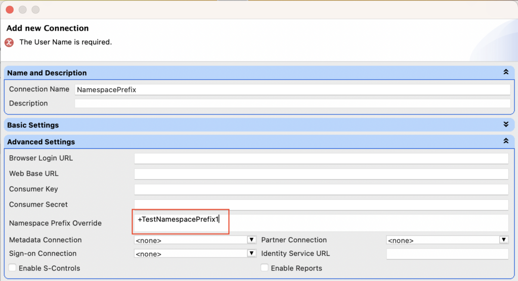 Defining a Namespace Prefix on a Connection | Provar Documentation