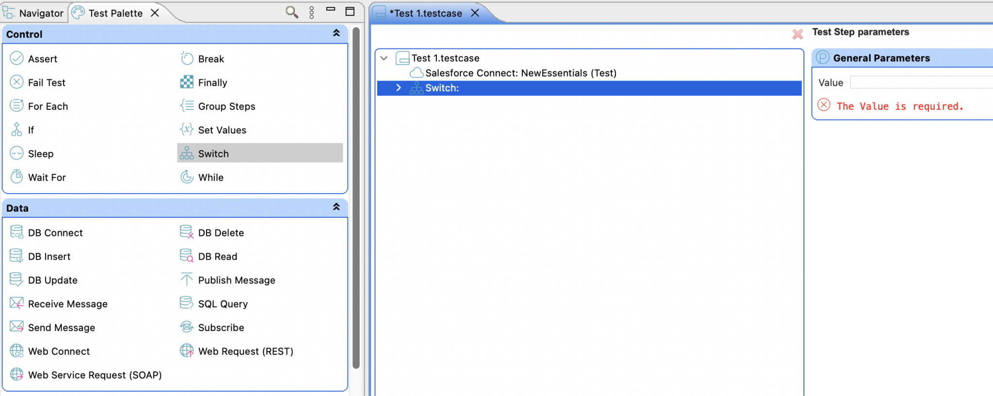 Provar Test Palette, Switch Test Step | Provar Documentation