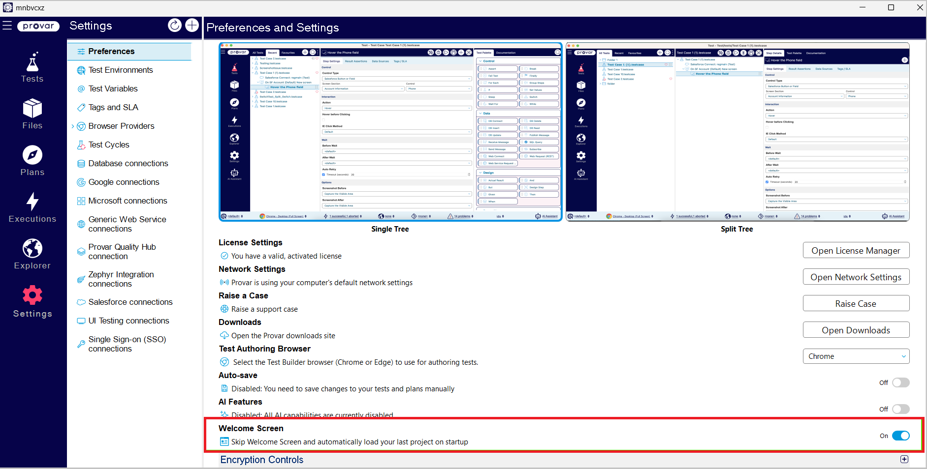 Automation V3: Skip Welcome Screen on Launch | Provar Documentation